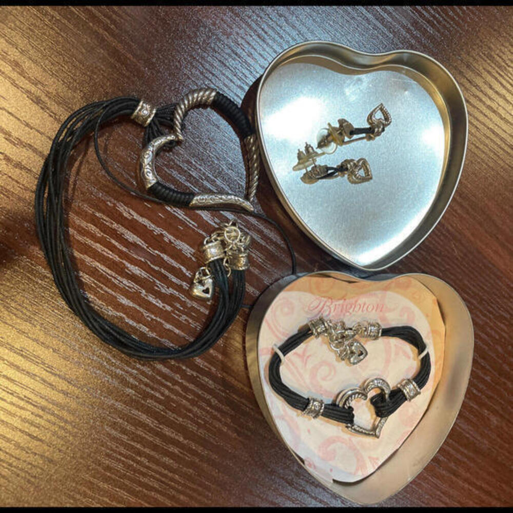 Brighton Black Cord Strand Silver Heritage Heart Necklace‎ Bracelet Earrings Set